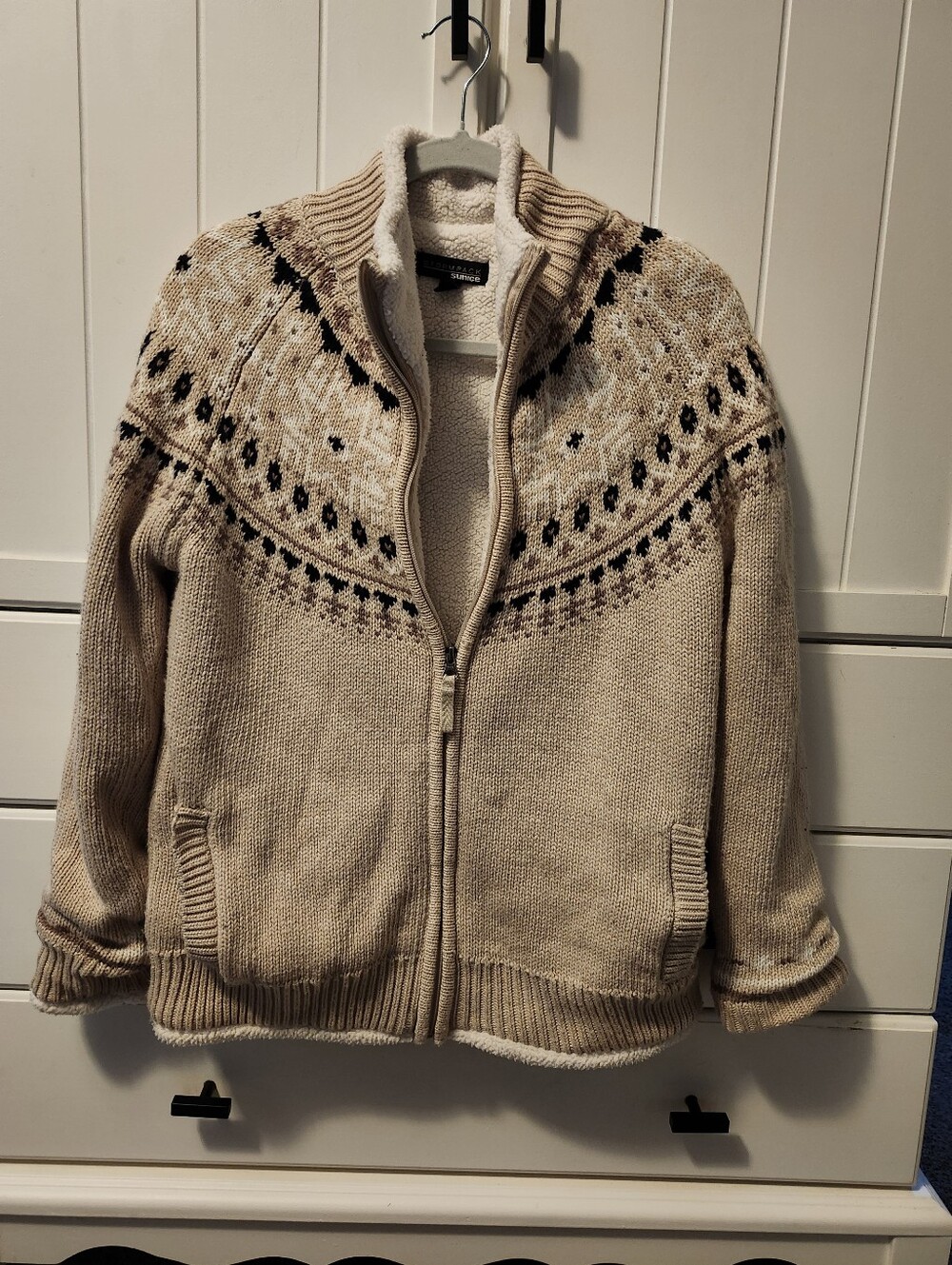 Womens Zip-Up Sherpa Lined Sweater Jacket - Beige Fair Isle Sz S